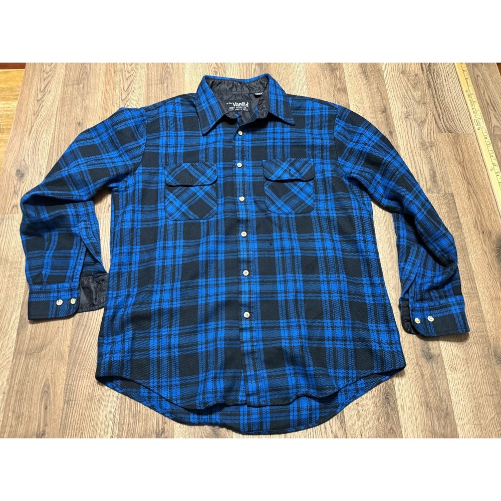 VanCort Shirt Men's Large 16-16.5 Blue Black Plaid Long Sleeve Button Up